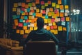 Creative man in workspace surrounded by sticky notes and ideas Royalty Free Stock Photo