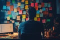 Creative man in workspace surrounded by sticky notes and ideas Royalty Free Stock Photo