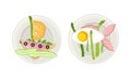 Creative meal dishes for kids served on plates set. Serving Ideas for healthy breakfast cartoon vector illustration Royalty Free Stock Photo