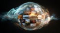 Creative media technologies concept: glowing sphere with images Royalty Free Stock Photo