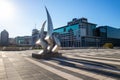 Creative metal sculpture standing near the Artscape in Cape Town, during a sunset.