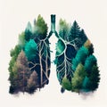 Creative metaphoric illustration of human lungs in the shape of green forest trees with lush vegetation foliage. Environment