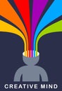 Creative mind brain vector concept in flat trendy design style, colorful rainbow stripes goes out of man head symbolizes creative Royalty Free Stock Photo