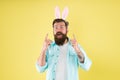 Creative mind. Easter rabbit got idea. Bearded man point fingers up yellow background. Idea to celebrate Easter. Holiday Royalty Free Stock Photo