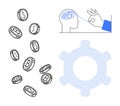Creative mind processing cryptocurrency concepts and ideas with gears and falling bitcoins Royalty Free Stock Photo