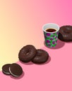 Creative minimal food design 3d render chocolate donuts, cookie and coffee cup in isometry pink cream vanilla space. Restaurant,