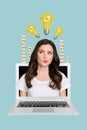 Creative minimal photo collage of young thoughtful smart lady inside laptop display pouted lips ukraine blackout concept