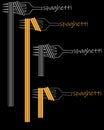 Creative minimal spaghetti logo. fork with spaghetti inscription. color and black and white
