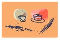 Creative minimalist hand painted abstract artistic background food, dessert. Doodle cup of tea, coffee with cake Painting ink Royalty Free Stock Photo