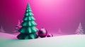 Creative minimalistic Christmas background. Christmas tree and Christmas decorations on a white and pink background with a copy