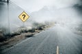 Creative misty road with question mark road sign and mock up place. Future concept Royalty Free Stock Photo