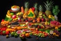 creative mix of different foods, including fruits and vegetables, to create colorful and appetizing display