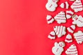 Creative mockup with cookies shaped snowman, bell ring and christmas tree on a bright background with copy space. handmade bakery