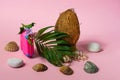 Creative mockup of fresh coconuts, pink suitcase and seashells, isolated on a white background. The concept of travel Royalty Free Stock Photo