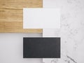 Minimalistic mockup with business cards on wood and warble texture.Creative mockup set.