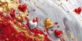 creative modern background in the style of fluid art, a group of gold and red hearts on an abstract elegant background, the