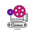 Creative modern cinema or movie logo template design. Retro camera and big reel. Flat line style vector icon Royalty Free Stock Photo