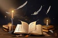 Creative modern illustration about divination banner with copy space, cards, candles, old books, feather. Generative AI Royalty Free Stock Photo