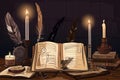 Creative modern illustration about divination banner with copy space, cards, candles, old books, feather. Generative AI Royalty Free Stock Photo