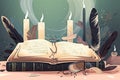 Creative modern illustration about divination banner with copy space, cards, candles, old books, feather. Generative AI Royalty Free Stock Photo