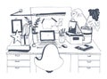 Creative modern workplace with laptop, hand drawn vector illustration, sketch style.