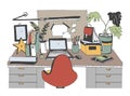 Creative modern workplace with laptop, hand drawn vector illustration, sketch style.