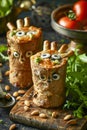 Creative Monster Face Sandwich Wraps for Kids Party, Healthy Funny Food Art on Wooden Board with Ingredients Royalty Free Stock Photo