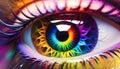 Creative multi-colored eye of the human eyeball, showing creativity and artistic expression of fashion, visionary design.