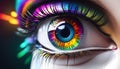 Creative multi-colored eye of the human eyeball, showing creativity and artistic expression of fashion, visionary design.