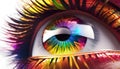 Creative multi-colored eye of the human eyeball, showing creativity and artistic expression of fashion, visionary design.