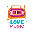 Creative music logo with bright-colored tape recorder. Original vector emblem for record studio, night club or dance