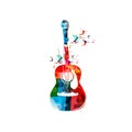 Creative music style template vector illustration, colorful acoustic guitar with microphone, string music instrument with hummingb