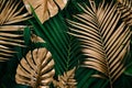 Creative nature background. Gold and green tropical Monstera and palm leaves Royalty Free Stock Photo