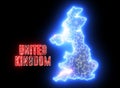 Creative neon map of United Kingdom continent. Shiny glowing outline of Great Britain with text of UNITED KINGDOM