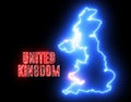 Creative neon map of United Kingdom continent. Shiny glowing outline of Great Britain with text of UNITED KINGDOM