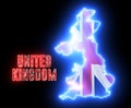 Creative neon map of United Kingdom continent. Shiny glowing outline of Great Britain with text of UNITED KINGDOM