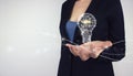 Creative new idea. Innovation, brainstorming. Hand holding light bulb for innovation and creative idea concept. Solution analysis Royalty Free Stock Photo