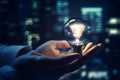 Creative, new ideas and innovation, hand holding light bulb and smart brain inside and innovation icon network connection on dark Royalty Free Stock Photo