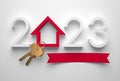 Creative 2023 New Year design template with golden keys and an abstract house symbol.