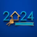 Creative 2024 New Year design template with golden keys and an abstract house symbol.
