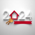 Creative 2024 New Year design template with golden keys and an abstract house symbol.