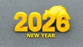 Creative 2026 New Year design template with yellow protective helmet and grey asphalt background. 3D render illustration. Royalty Free Stock Photo
