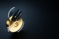 Creative numbers on a dark background, eight, modern design, magazine style, black and gold design, 3D isometry. 3D render, 3D