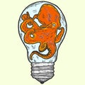 Creative, octopus in an aquarium light bulb. Sketch scratch board imitation. Royalty Free Stock Photo