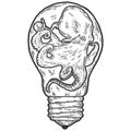 Creative, octopus in an aquarium light bulb. Sketch scratch board imitation. Royalty Free Stock Photo