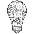 Creative, octopus in an aquarium light bulb. Sketch scratch board imitation. Royalty Free Stock Photo