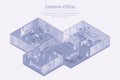 Creative Office with cafe bar and GYM Isometric Flat white monochrome vector concept