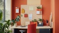 A creative office corner with storage cubes a corkboard and small potted plants. Royalty Free Stock Photo