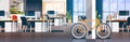 Creative office coworking center room interior modern workplace desk bicycle ecological transport horizontal banner flat