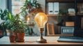 Creative office desk with glowing light bulb and potted plants Royalty Free Stock Photo